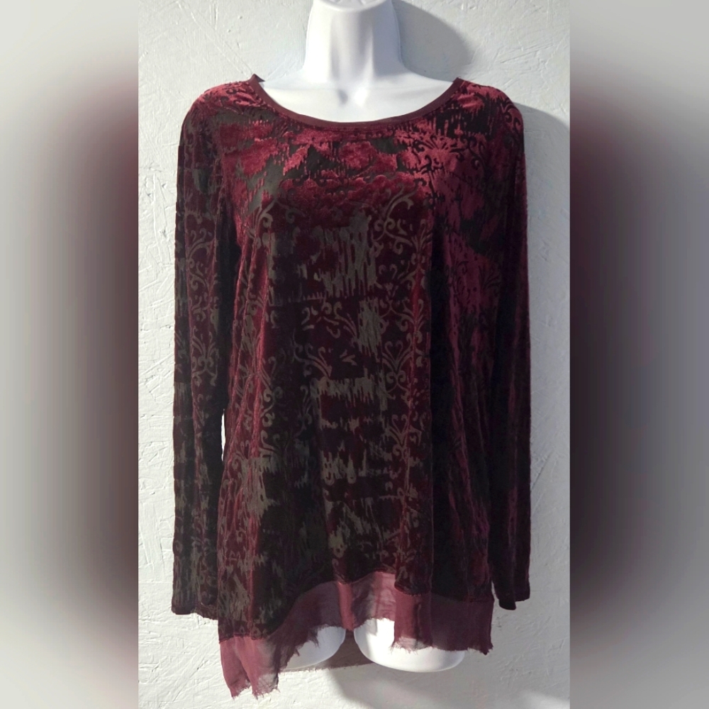 Simply Vera Vera Wang Burgundy Velvet Burnout Long-Sleeve Top - Size L